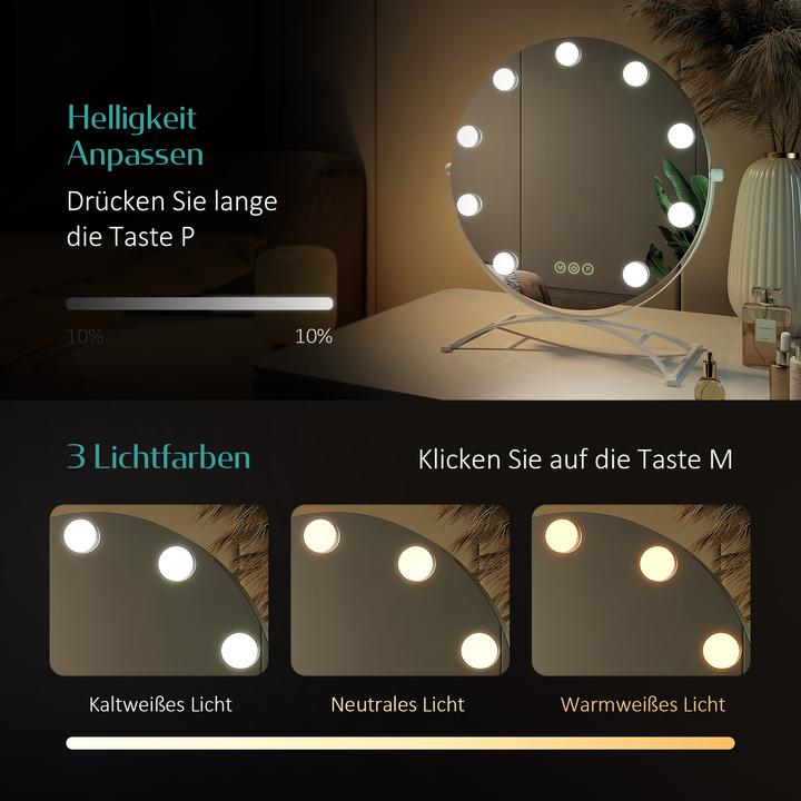 Produktbild Emke Hollywood Kosmetikspiegel(Rund) mit 11 Lampen, 1X+7X Vergrösserung, 3 Farbtemperatur, 40*47cm,Weiss