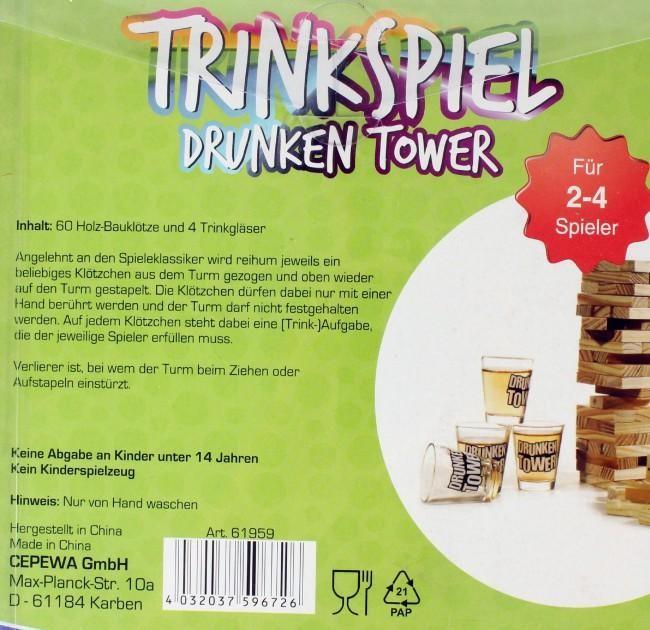 Actual product image Drink-Trends Drinking game DRUNKEN TOWER Jenga with 60 wooden blocks and 4 glasses