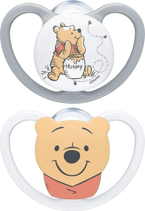 Produktbild NUK Disney Winnie Puuh Space Silikon-Schnuller, kiefergerechte Form, 6-18 Monate, 2 Stück, grau & we (2 x, ab 18 Monaten)