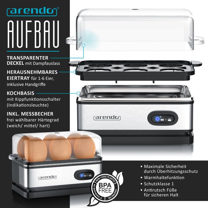 Actual product image Arendo Breakfast set, 2-slice long slot toaster with bread roll top & egg cooker for 6 eggs, silver