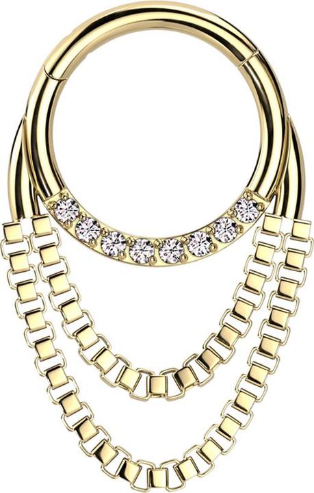 Immagine prodotto Star Piercing Anello a micro segmenti incernierato con cristalli placcati oro pendente in argento due catene (Acciaio chirurgico 316L)