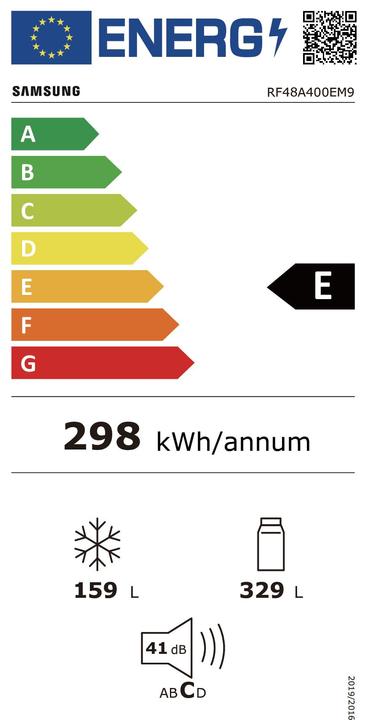 Label énergétique Samsung RF48A400EM9 Réfrigérateur 4 portes Slim 488 (488 l)