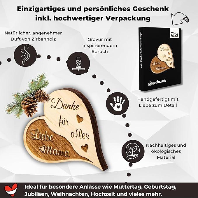 Produktbild ZNatur Zirben Arven Holz Herz Geschenk Deko mit Gravur Danke für alles Liebe Mama No.129