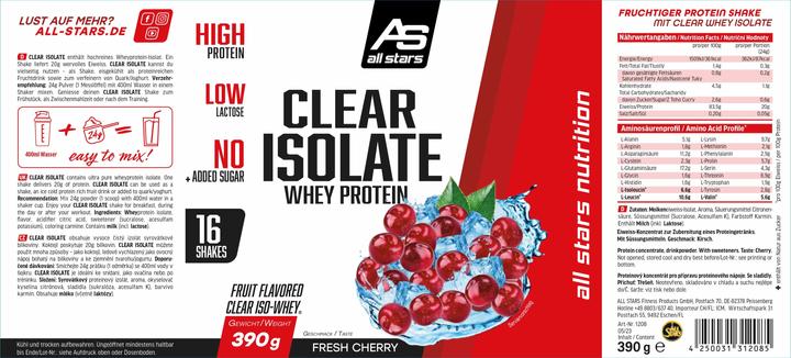 Nährwerte und Zutaten All Stars Clear Isolate Whey Protein (390g Dose) (Fresh Cherry, 1 Stk., 390 g)