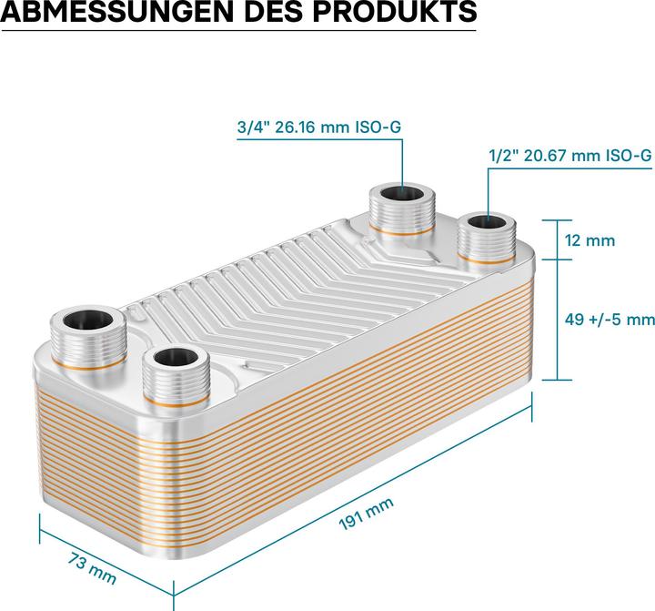 Produktbild Wiltec Edelstahl Wärmetauscher 20 Platten 44 kW Plattenwärmetauscher Wärmeüberträger
