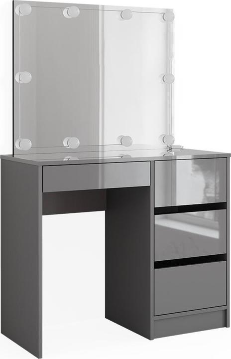 Body: grey, Table top: Grey, matt front, high gloss Shelf: White Mirror: White LED light chain: White