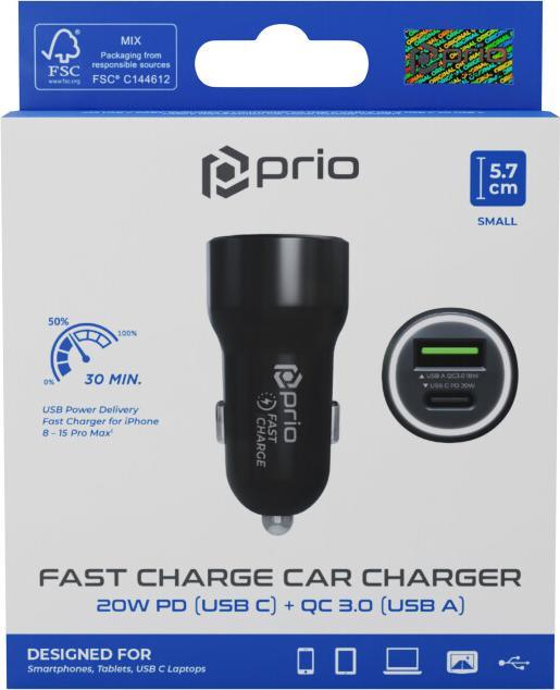 Produktbild prio Fast Charge Car Charger 20W PD (USB C) + QC 3.0 (USB A) black