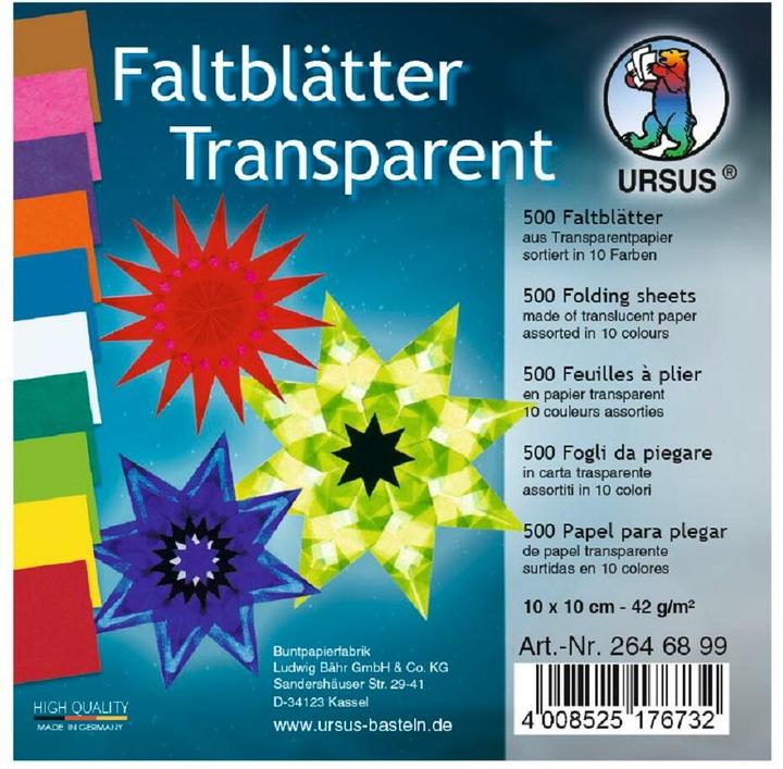 Produktbild Ursus Transparentpapier Faltblätter 10x10cm VE=500 Blatt 10 Farben sortiert (42 g/m², 500 x)