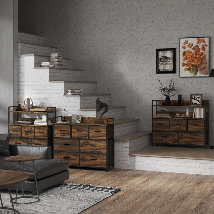 Produktbild Swisshandel24 Kommode, Sideboard mit 7 Stoffschubladen, Industrial Design, Stahlrahmen, 98x29x85cm, Braun/Schwarz