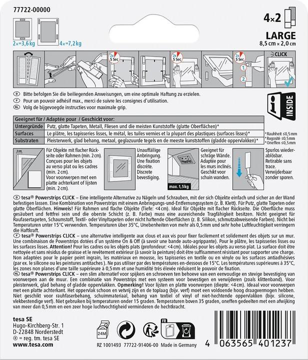 Produktbild tesa Powerstrips CLICK - Klett-Klebepads - Bilder aufhängen ohne Bohren - Large 7,2kg - 4 x 2 Stück (7.20 kg)