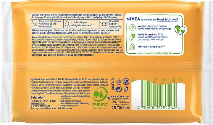Valeurs nutritives et ingrédients NIVEA Micelles 3 en 1 (Chiffons de nettoyage, 25 ml)