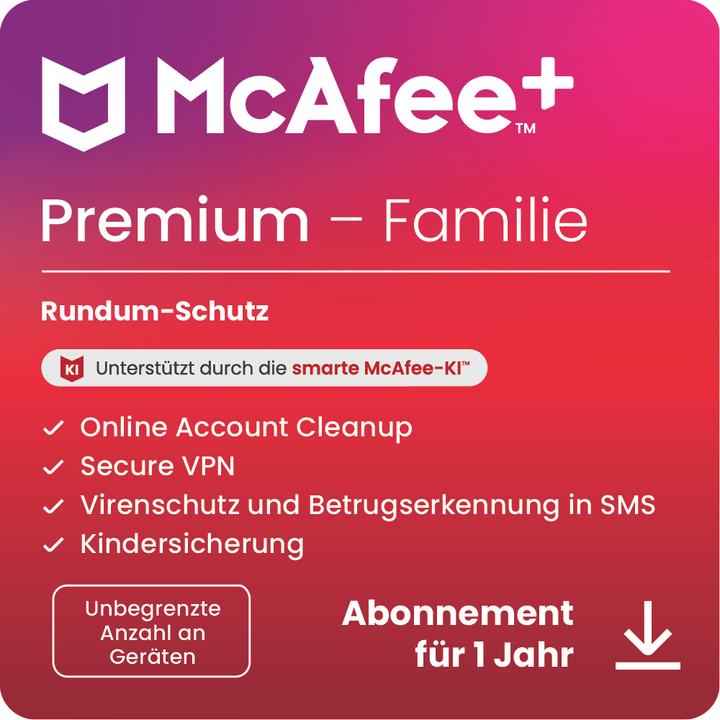 Produktbild McAfee + Premium Familie (Unbegrenzte Anzahl von Geräten) (1 User, 1 Geräte/User, 12 Monate)