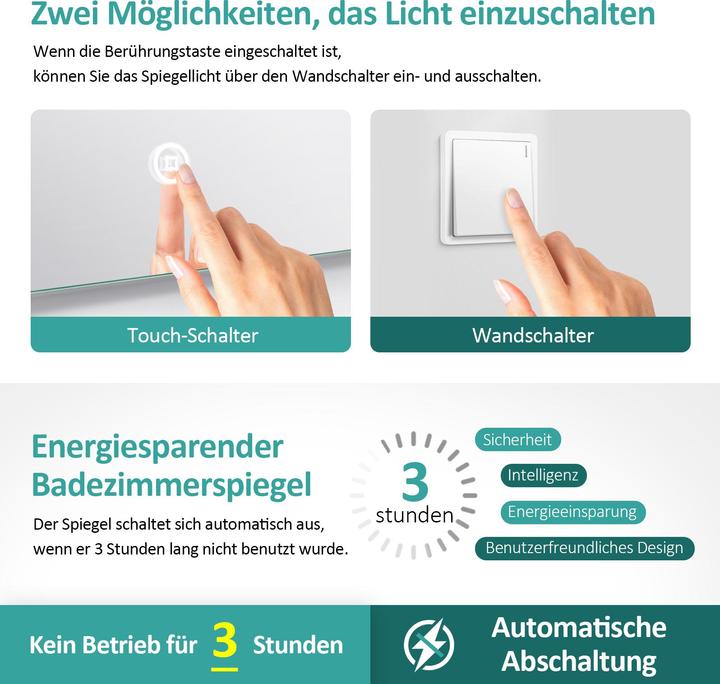 Produktbild Emke Badspiegel mit Beleuchtung 50*70cm,Beschlagfrei, Kaltweiss6500K, Dimmbar, Touch Schalter (70 x 50 cm)