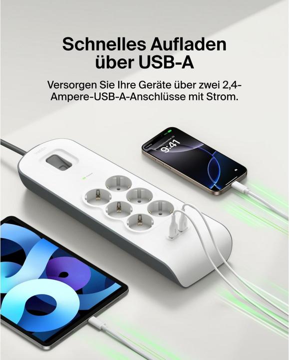 Produktbild Belkin Steckdosenleiste 6-fach + 2xUSB-A, 2m Kabel BSV604vf2M-V2 (6 x, USB, 2 m)