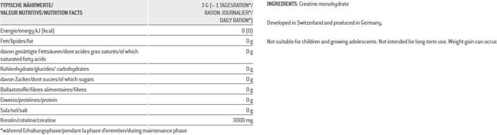 Valori nutrizionali e ingredienti Sponser Creatina Monoidrato (1 Pezzo/i, Polvere, 500 g)