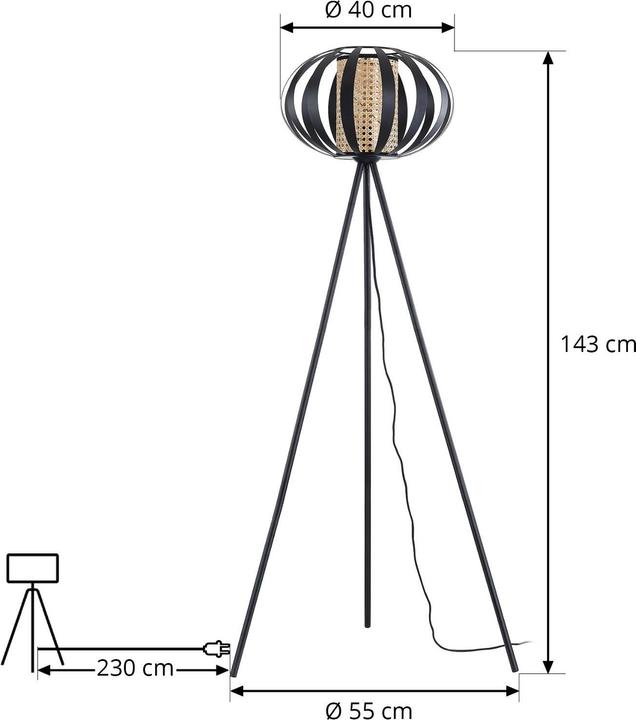 Produktbild Lindby Tamira Stehlampe Rattan 150cm schwarz (E27)