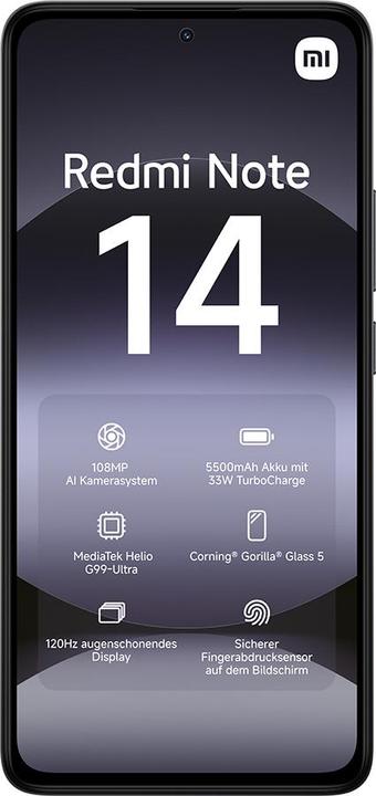 Produktbild Xiaomi Redmi Note 14 (128 GB, Midnight Black, 6.67", Hybrid Dual SIM, 108 Mpx, 4G)
