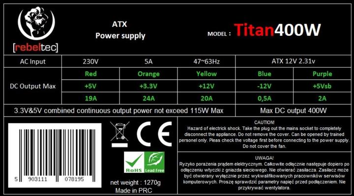 Image du produit Rebeltec TITAN 400 ATX power supply ver. 2.31 (400 W)