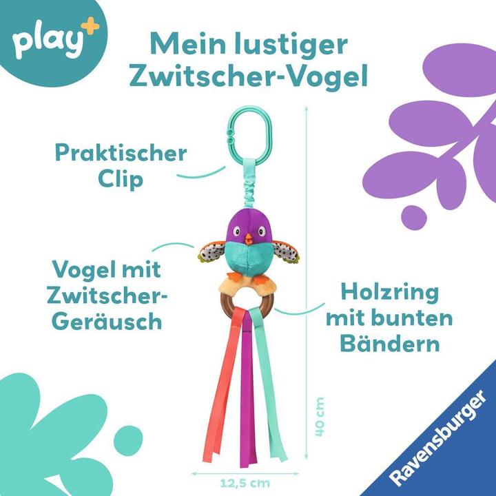 Produktbild Ravensburger 4853 play+ Zwitscher-Vogel, Holz-Greifling, Kuscheltier mit Zwitscher-Bauch