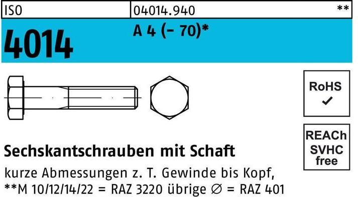 Image du produit Vis à tête hexagonale DIN 931 avec tige M 16 x 75 A 4 (- 70) (25 Vis par pièce)