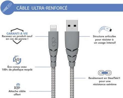 Actual product image Force Power Ultra-reinforced USB A/Lightning cable 2.4A Resistant to 50,000 bends at 180° 2m (2 m)