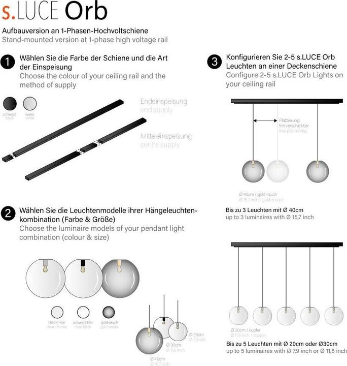 Immagine prodotto s.luce Lampada a sospensione in vetro Orb con 2 o 5 luci, incluso sistema a binario a 1 circuito (E27)