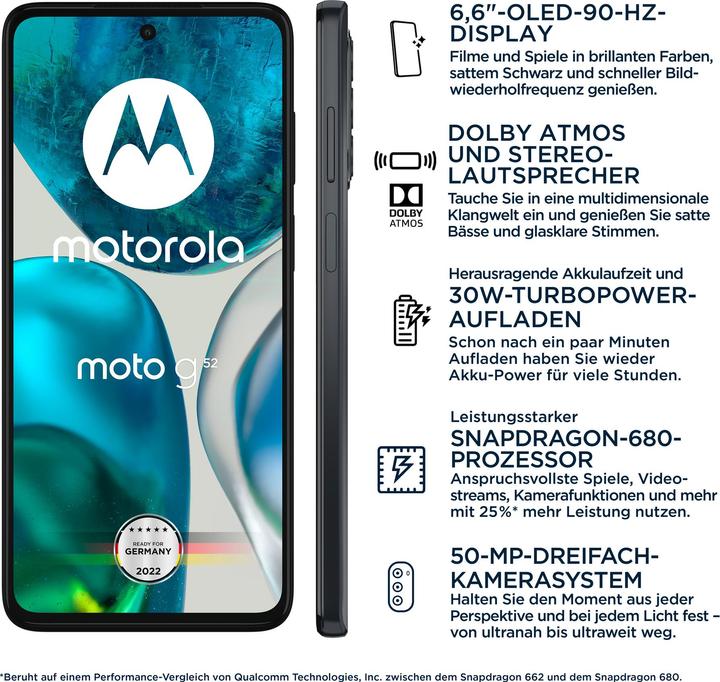 Actual product image Motorola Moto G52 (128 GB, Charcoal grey, 6.60", Hybrid Dual SIM, 50 Mpx, 4G)