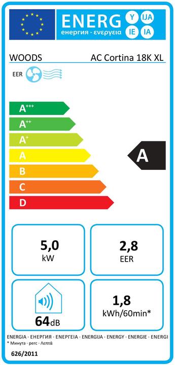 Etichetta energetica Wood's AC Cortina XL 18K Smart Home (70 m², 18000 BTU/h)