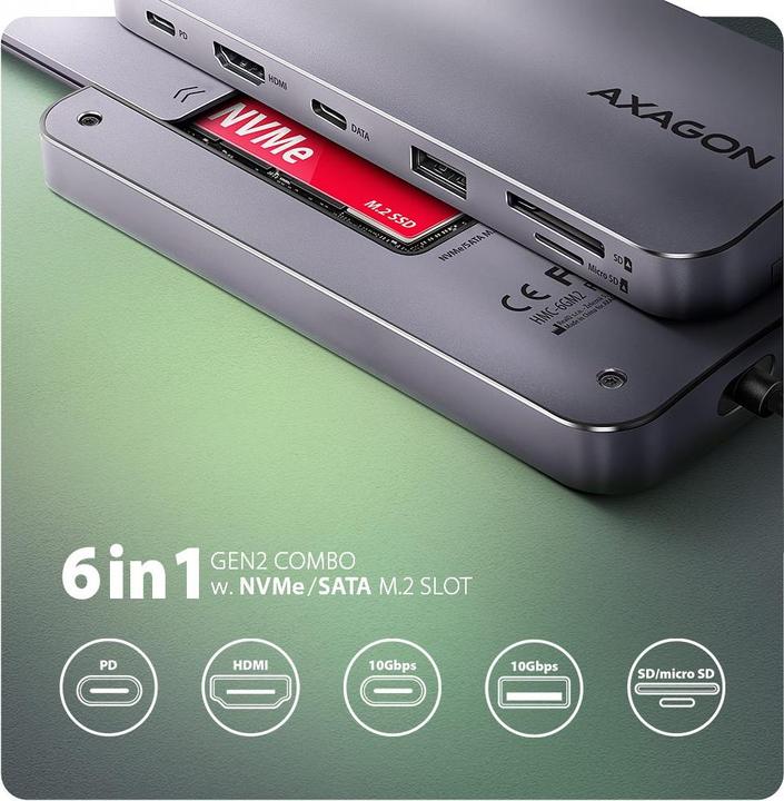 Actual product image Axagon HUB HMC-6GM2 USB 6 in1 10 Gbit (USB-C, 1 Ports)
