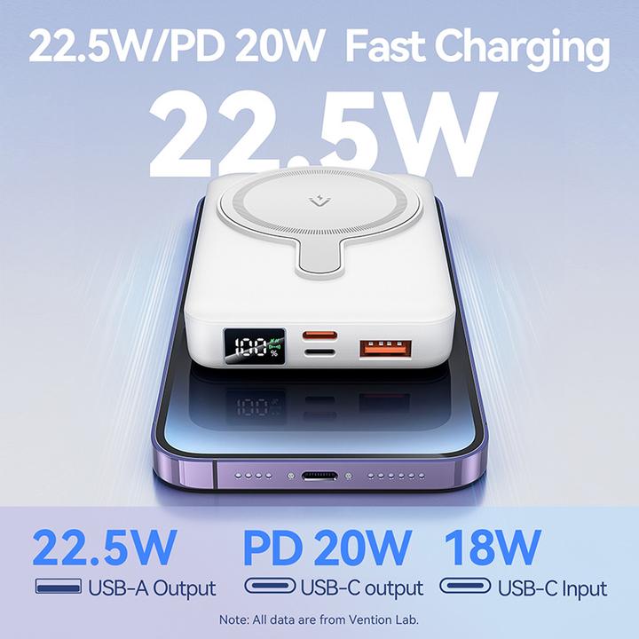 Image du produit Vention 10000mAh Magnetic Wireless Power Bank (USB-C + Lightning + USB-C + USB-A +Wireless) 22.5W Black LED (10000 mAh, 38.50 Wh)