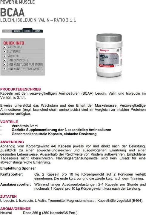 Nutritional values and ingredients Sponser BCAA capsule (350 Piece, Capsules, 250 g)