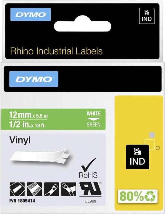 Energie-Label Dymo Rhino 12mm weiß auf grün Vinyl (1.20 cm, Grün)