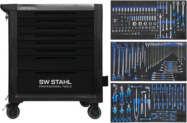 Actual product image SW-Stahl Z3209 Professional workshop trolley TT802 black I 8 drawers I 3 drawers filled I 304 parts (304 x)