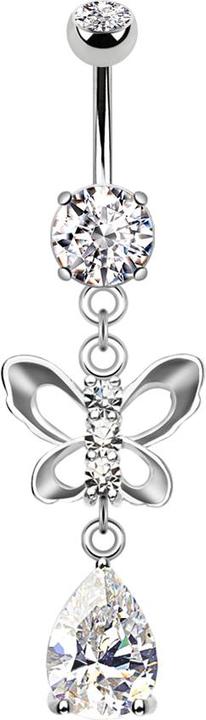 Image du produit Star Piercing Banane argentée avec deux boules de cristal Pendentif argenté papillon et goutte de cristal (Laiton, Acier chirurgical 316L)