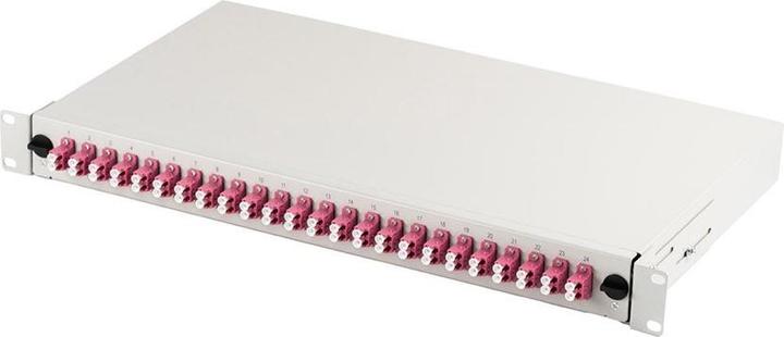 Actual product image Digitus Fibre optic patch panel with 19" 1U accessories 24x LC dx OM4 adapter extendable grey
