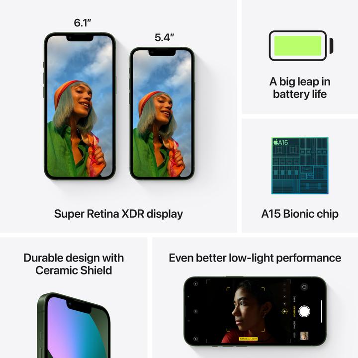 Image du produit Apple iPhone 13 mini (128 Go, Green, 5.40", SIM + eSIM, 12 Mpx, 5G)