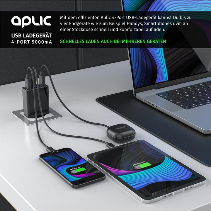 Actual product image Aplic USB charger 5000 mA, 4 port power supply for mobile, tablet and much more. 5000mA 2.4A max. per (25 W)