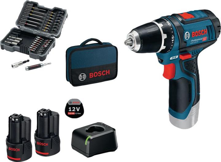 Produktbild Bosch Professional Professional Set: Akku-Bohrschrauber GSR 12V-15, 2x 2,0-Ah-Akku, 43-tlg. Bit-Set (Akkubetrieb)