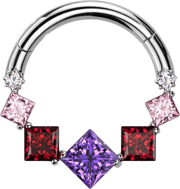 Star Piercing Micro Segmentring klappbar silber sieben viereckige Kristalle farbig (ohne Messing, Titan G23)