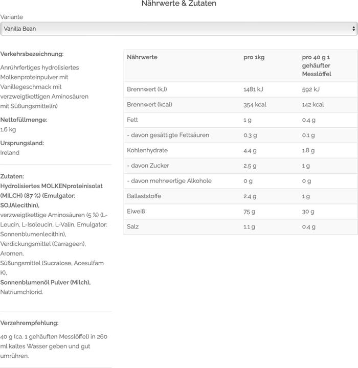Nährwerte und Zutaten Optimum Nutrition Platinum Hydro Whey (Vanille, 1 Stk., 1590 g)