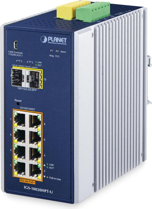 Image du produit Planet Industriel 8 ports GE PoE+ 2 ports SFP IGS-10020HPT-U (10 Ports)