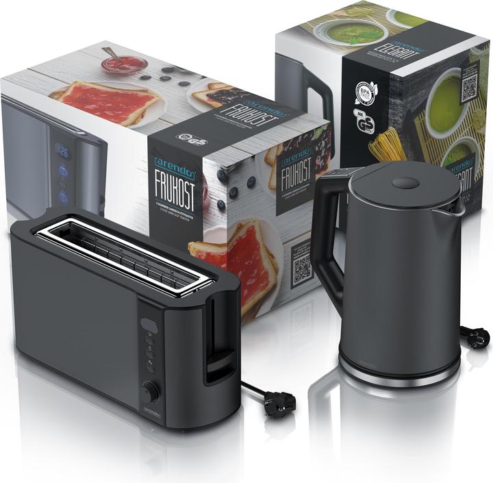 Produktbild Arendo Frühstücks Set, Edelstahl Wasserkocher 1,5l Temperaturwahl & 2 Scheiben Langschlitz Toaster, Grau (1.50 l)