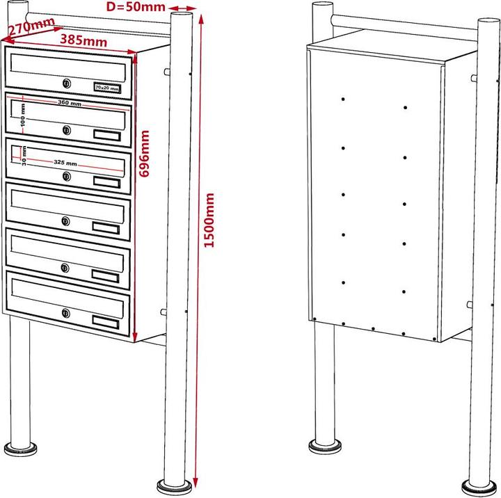 Produktbild Wiltec 6er Briefkastenanlage weiss 270x513x1500mm Standbriefkasten Briefkasten