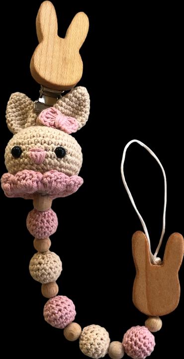 Immagine prodotto MyFriends Animale all'uncinetto, coniglietto con sonaglio e ciuccio a catena (30 cm)
