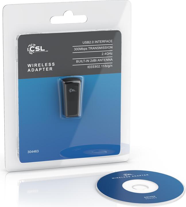 Actual product image CSL WLAN dongle, 300 Mbit/s USB stick WiFi adapter 2.4 Ghz 2T2R, gain 18 dBm, WEP WPA WPA2 (USB 2.0)