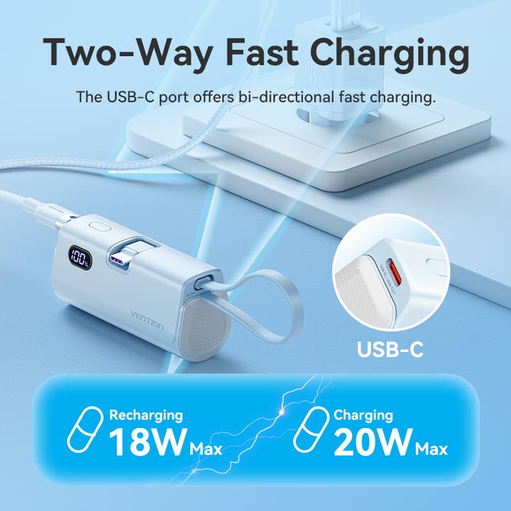 Actual product image Vention LED Display 4800mAh Power Bank (USB-C + Lightning + USB-C) 22.5W Blue Foldable USB-C Type (4800 mAh, 22.50 W, 22.50 Wh)