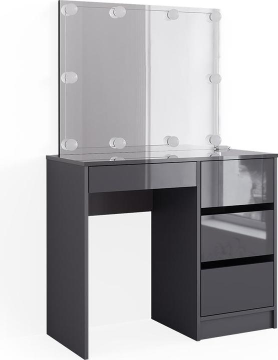 Body: Anthracite, Table top: anthracite, matt front, high gloss Shelf: White Mirror: White LED light chain: White