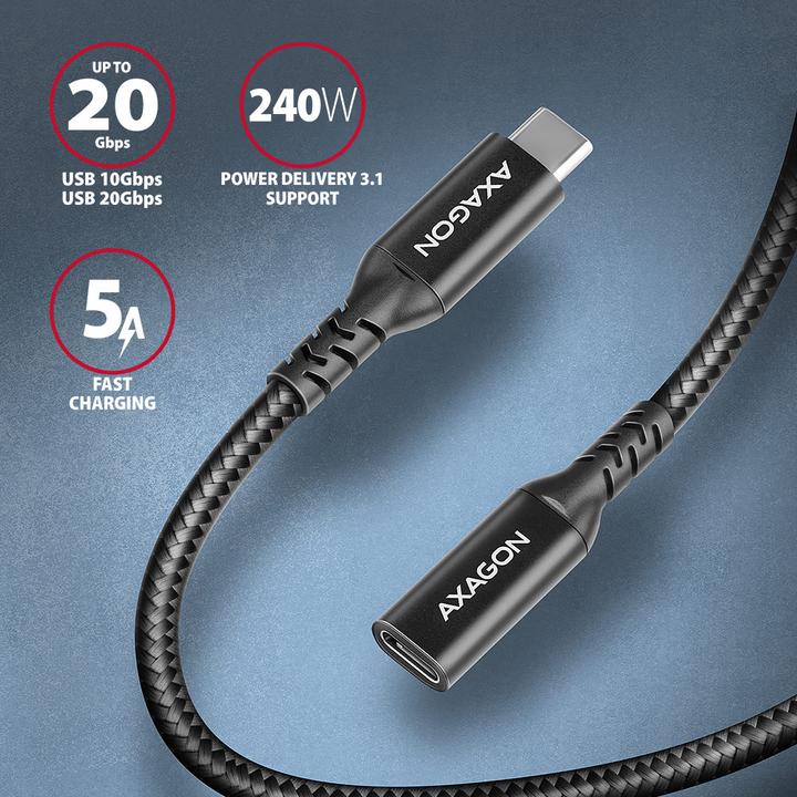 Actual product image Axagon BUCM32-CF15AB Kabelis Extension Cable Gen2 USB-C - USB-C 1.5 m, 5 A, 20 Gbit (1.50 m, USB 3.2 Gen 2x2)