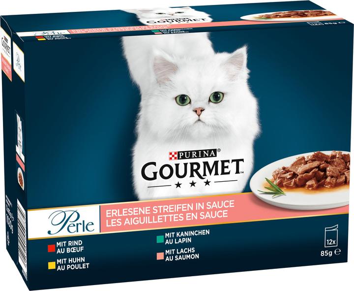 Image du produit Gourmet Bandes sélectionnées en sauce (boeuf, poulet, lapin & saumon) (Adulte, 12 pcs, 1135 g)