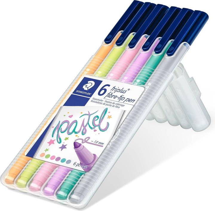 Actual product image Staedtler triplus color 323 triangular fibre-tip pens (323-21 light pink 323-62 lavender, 323-43 - light orange 323-53 - lime green, 6 colours colour pastel, 323-54 turquoise 323-82 - light grey, 6 x)